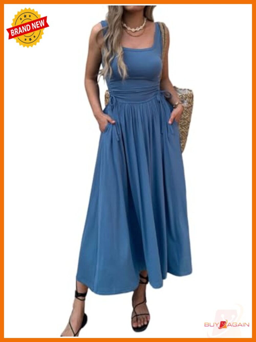 Women's Boho Maxi Dress with Pockets, Adjustable Waist, Sleeveless Casual